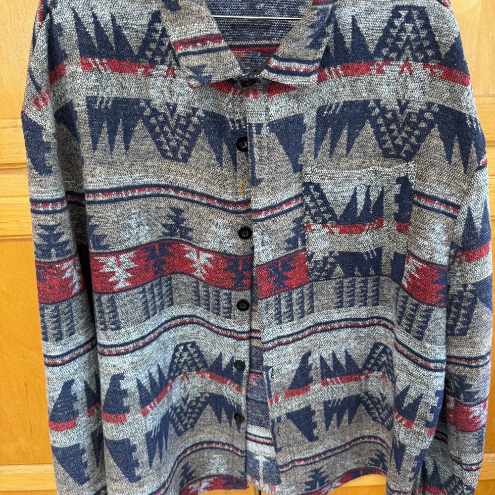 The Territory Ahead Men's Button-Down Shirt in Gray, Navy & Red Aztec Pattern